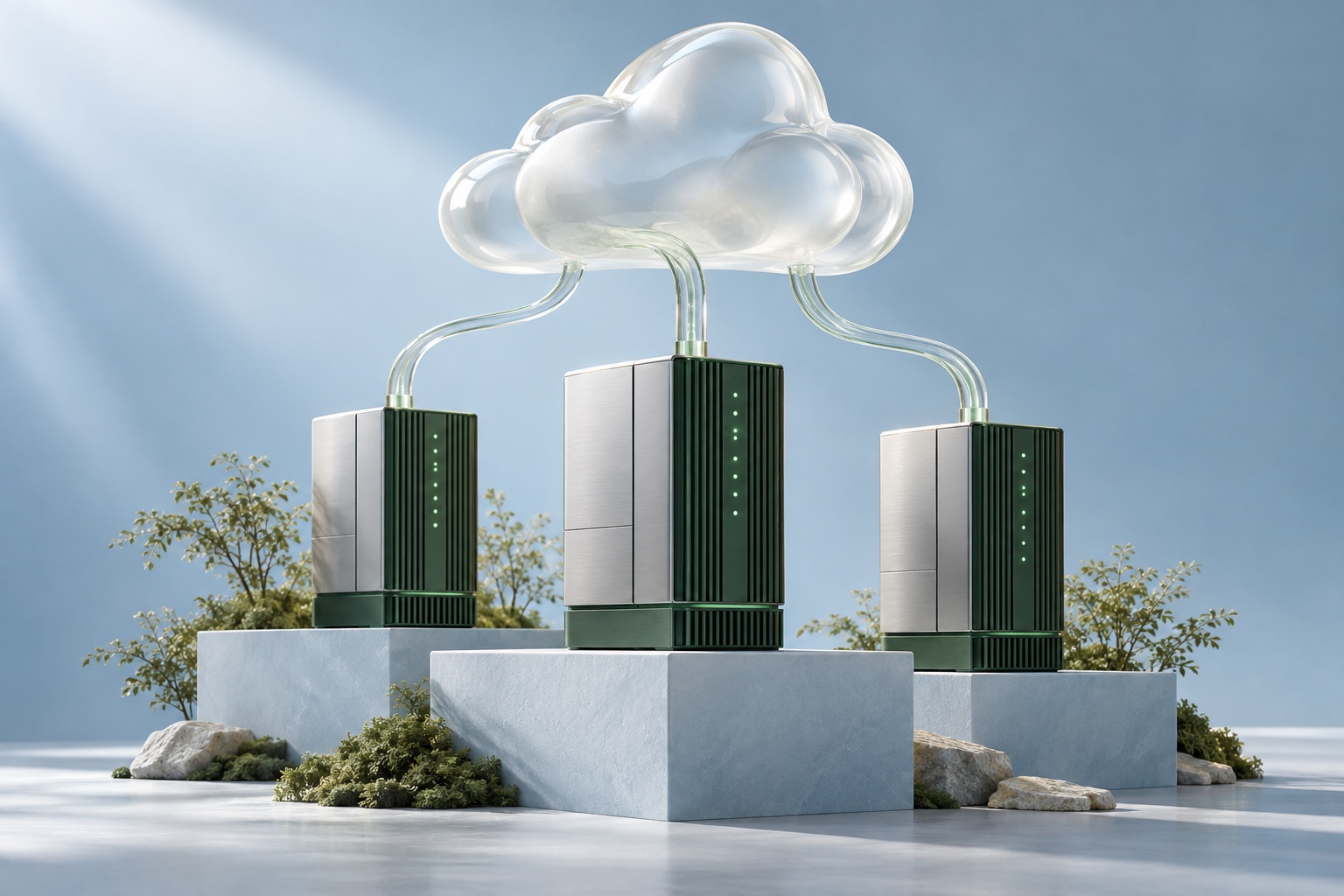 Tres torres de servidores verdes y plateadas conectadas a una nube de cristal sobre pedestales azules.