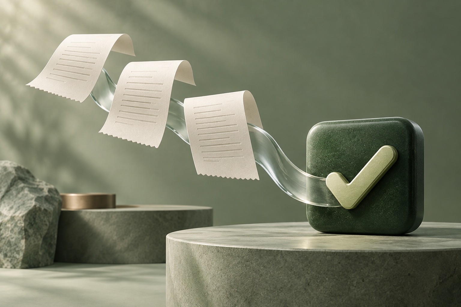 Recibos de papel conectados por una cinta de cristal a una marca de verificación verde.