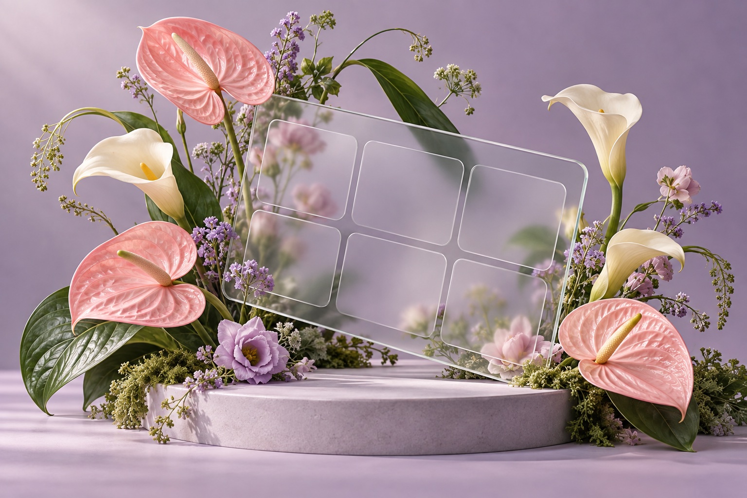 Composición de flores rosadas y blancas alrededor de un panel de cristal que evoca un catálogo digital.