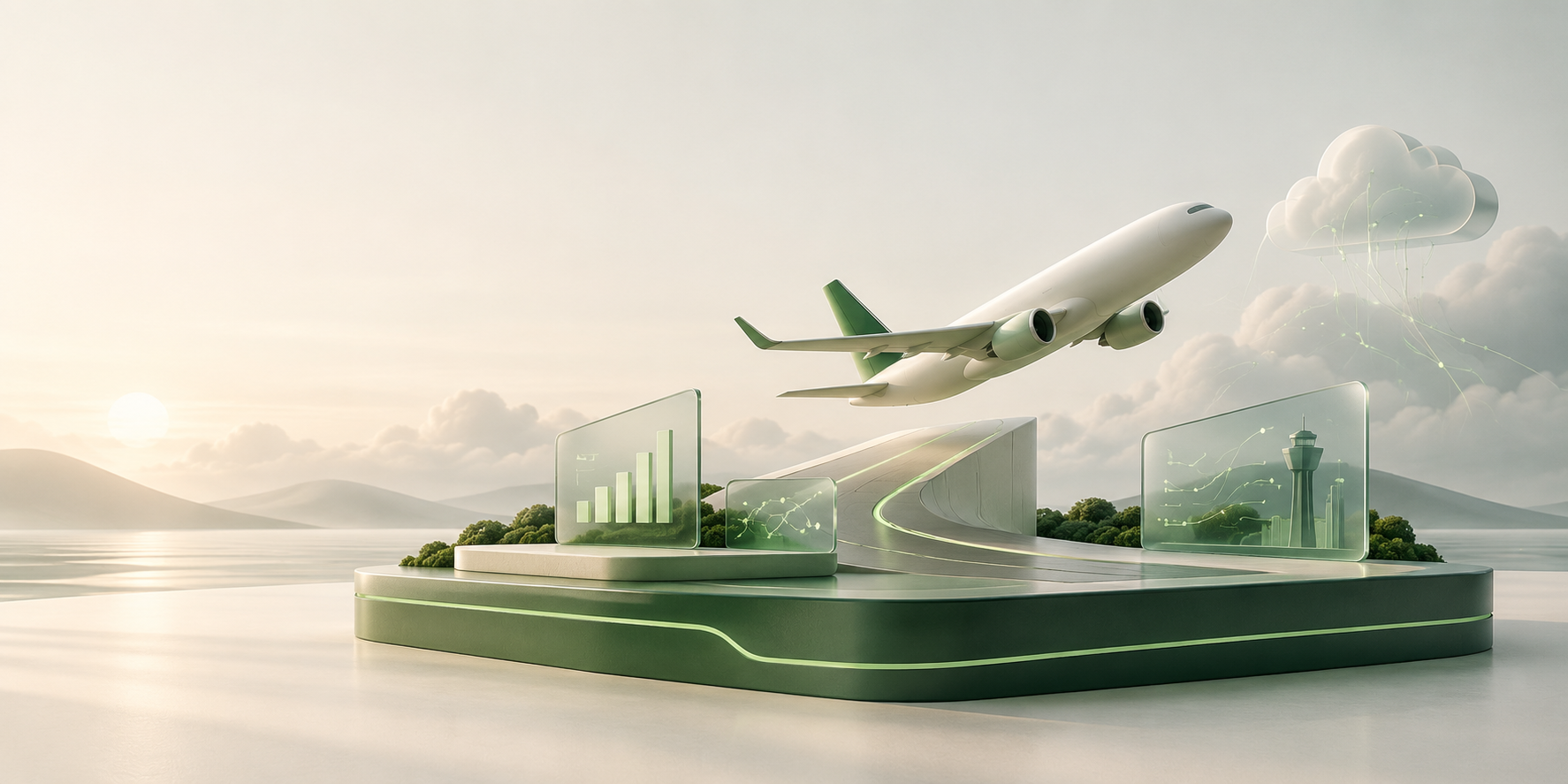 Avión abstracto que despega desde una plataforma tecnológica independiente, rodeado de paneles traslúcidos y una sutil referencia a infraestructura cloud.